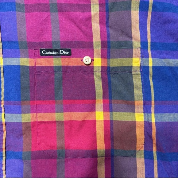 Christian Dior Shirt Mens Extra Large Button Up Plaid Short Sleeve Cotton Beach - Picture 2 of 5